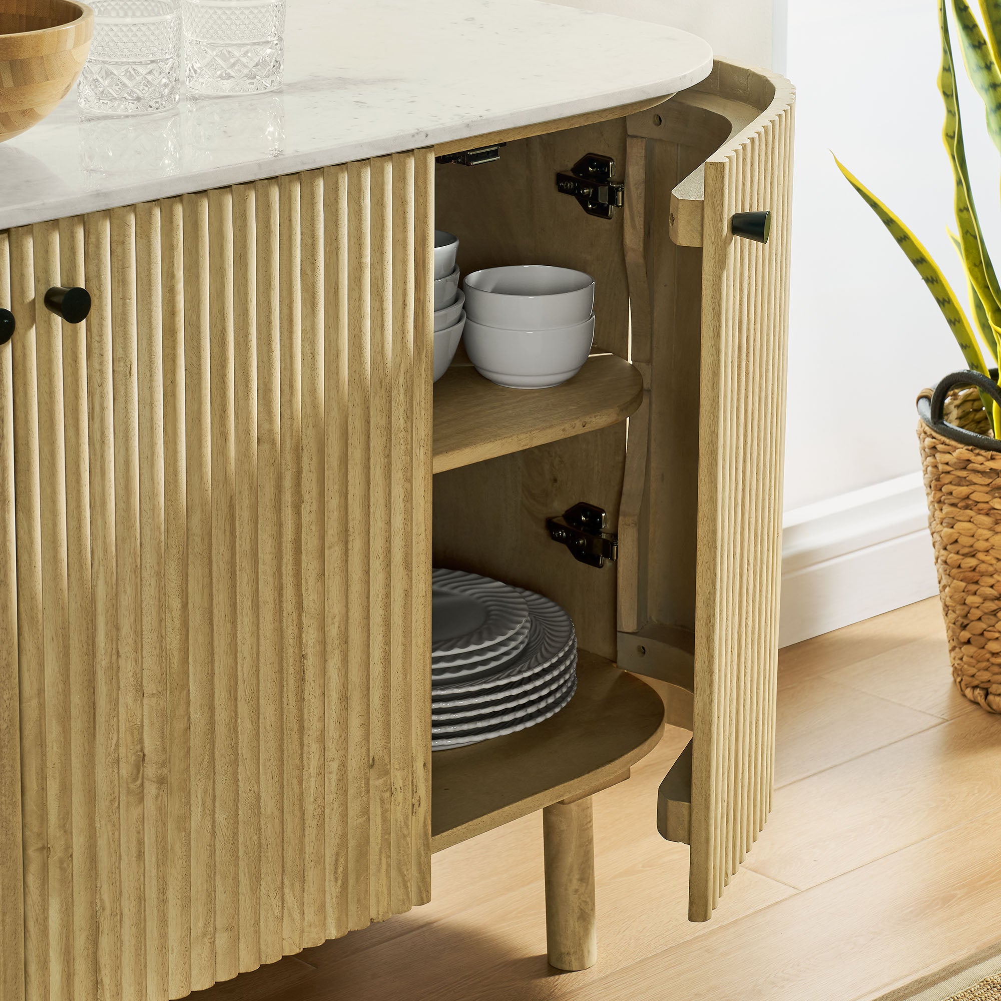 Caldera 60" Curved Solid Wood and Marble Sideboard Storage Cabinet - Natural