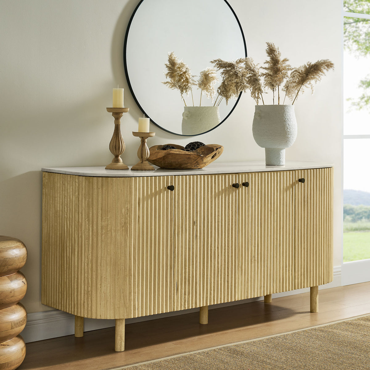 Caldera 60" Curved Solid Wood and Marble Sideboard Storage Cabinet - Natural