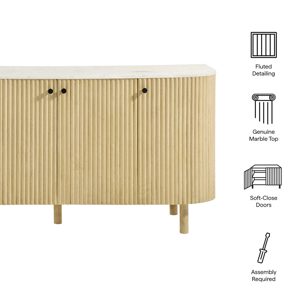 Caldera 60" Curved Solid Wood and Marble Sideboard Storage Cabinet - Natural