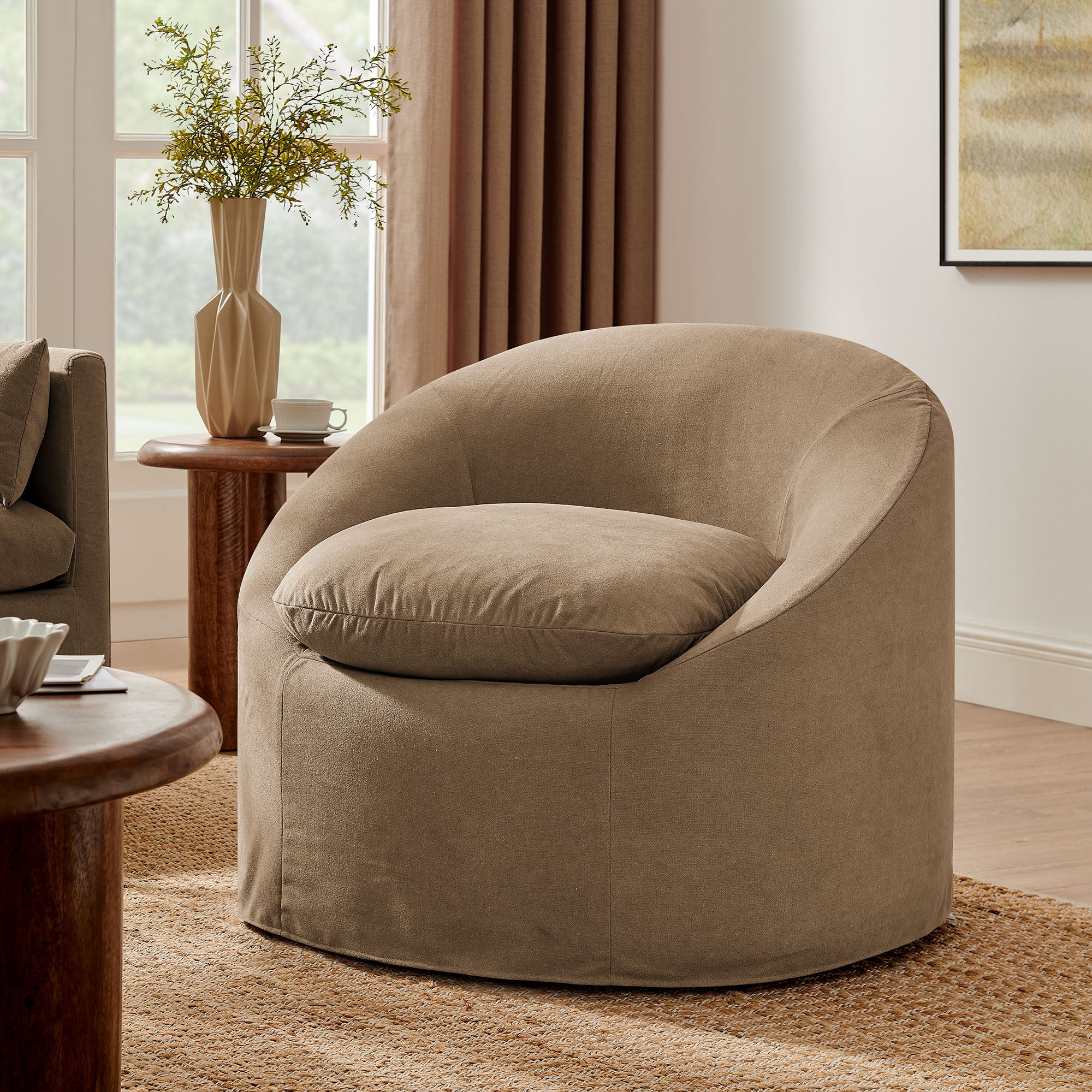 Sadie Slipcovered Linen-Blend Round Accent Chair - Almond