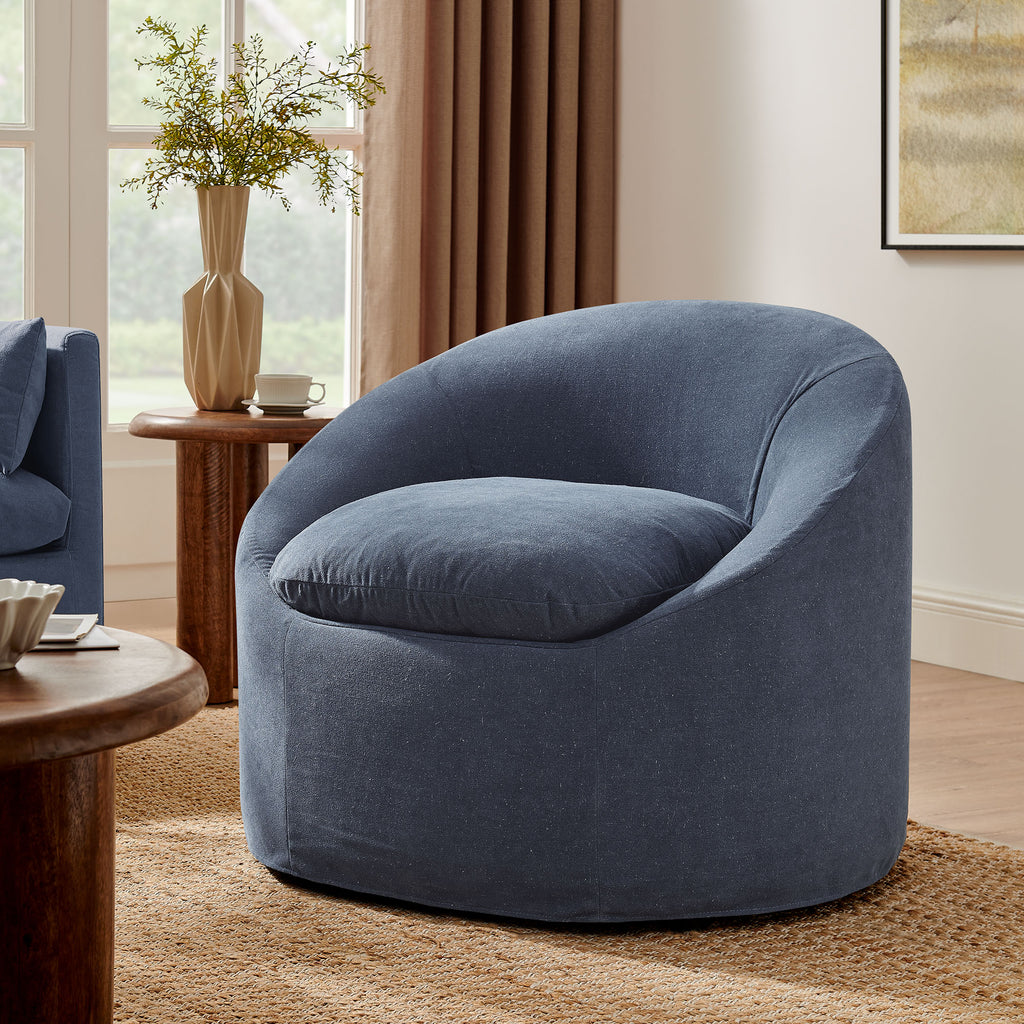 Sadie Slipcovered Linen-Blend Round Accent Chair - Denim