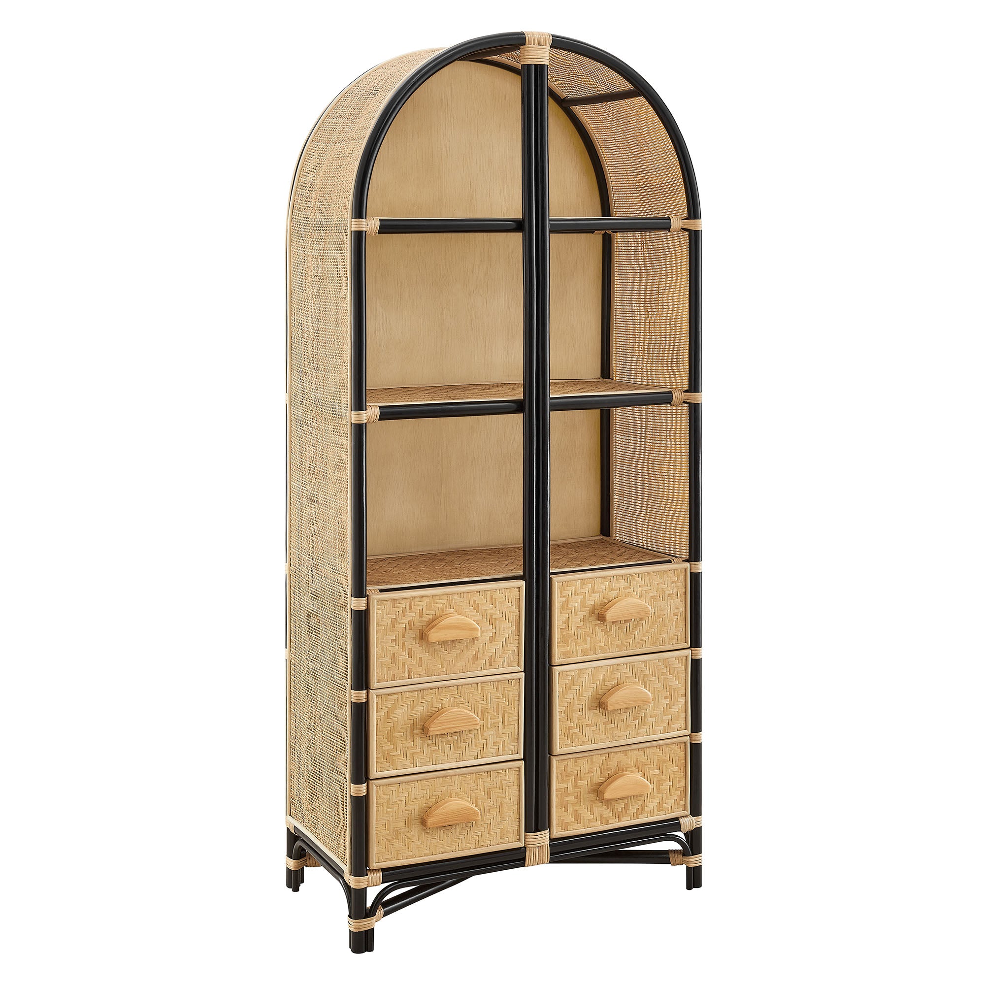 Jane 71 Inch Tall Arched Natural Rattan Bookshelf - Natural Black