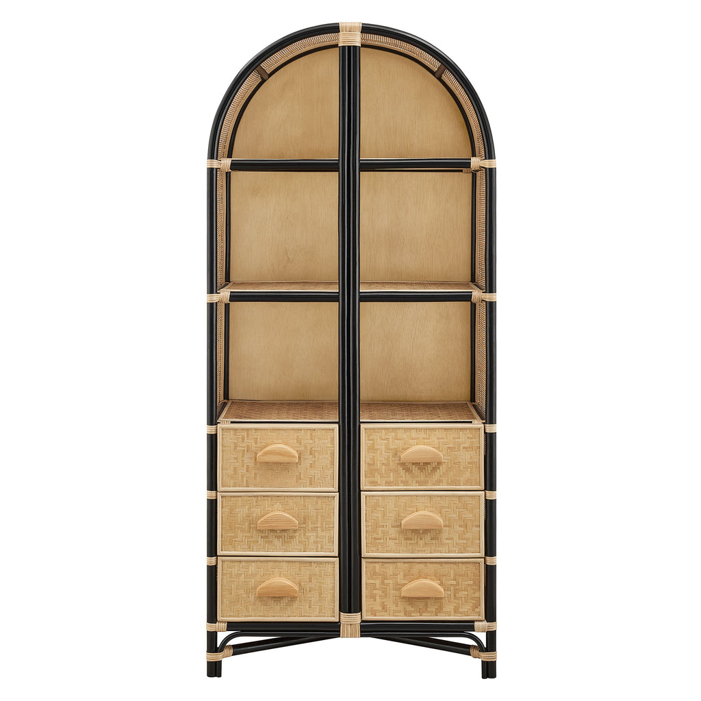 Jane 71 Inch Tall Arched Natural Rattan Bookshelf - Natural Black