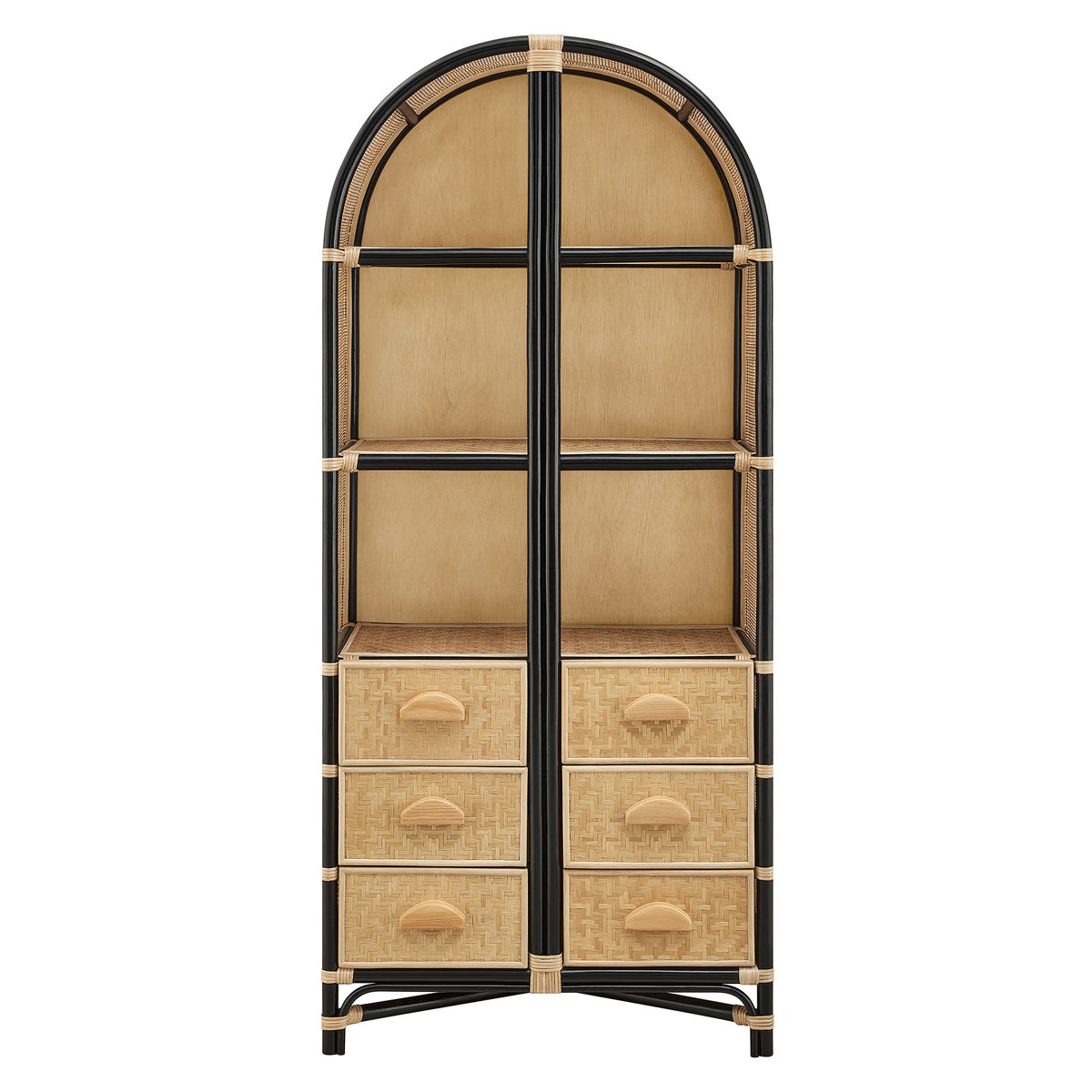 Jane 71 Inch Tall Arched Natural Rattan Bookshelf - Natural Black