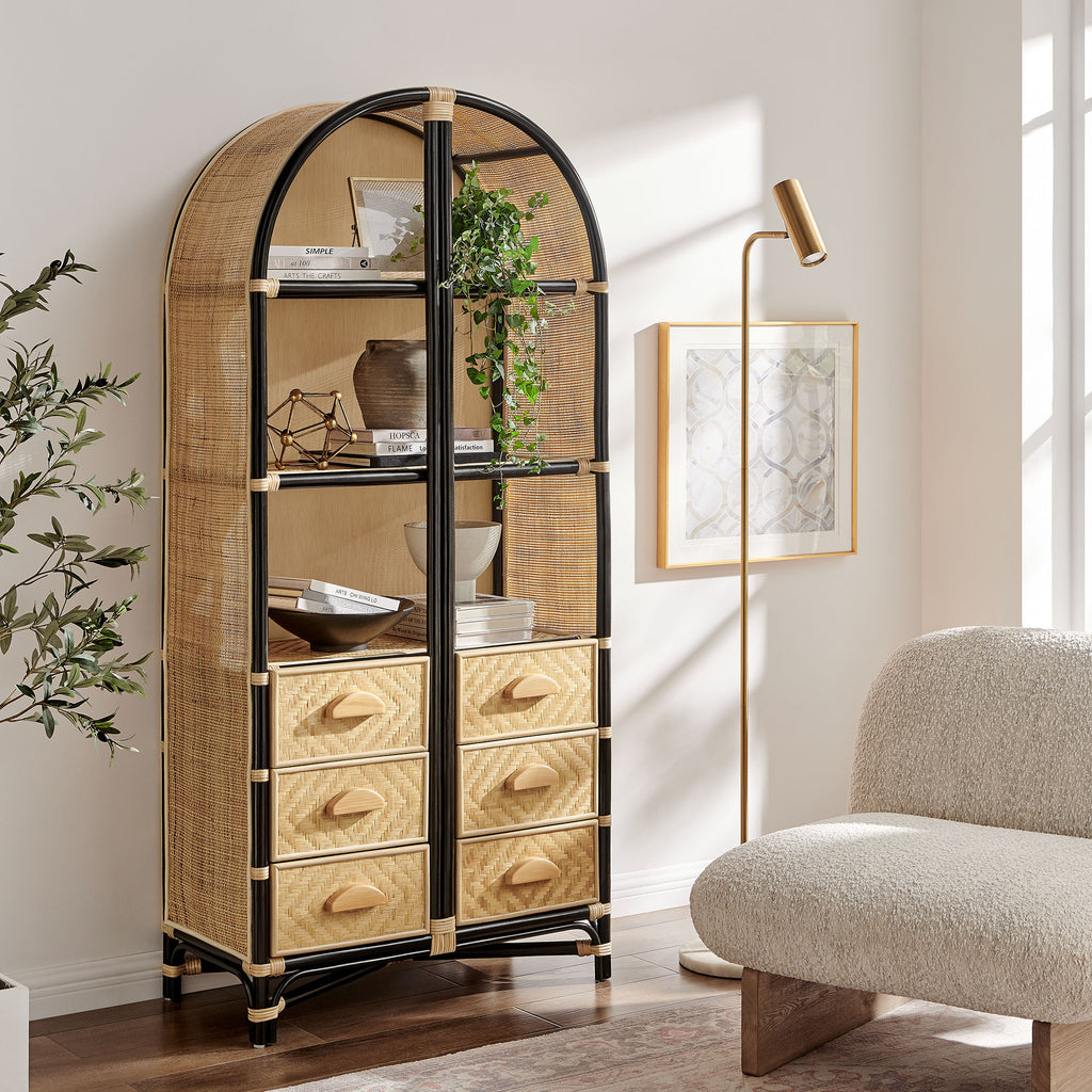 Jane 71 Inch Tall Arched Natural Rattan Bookshelf - Natural Black
