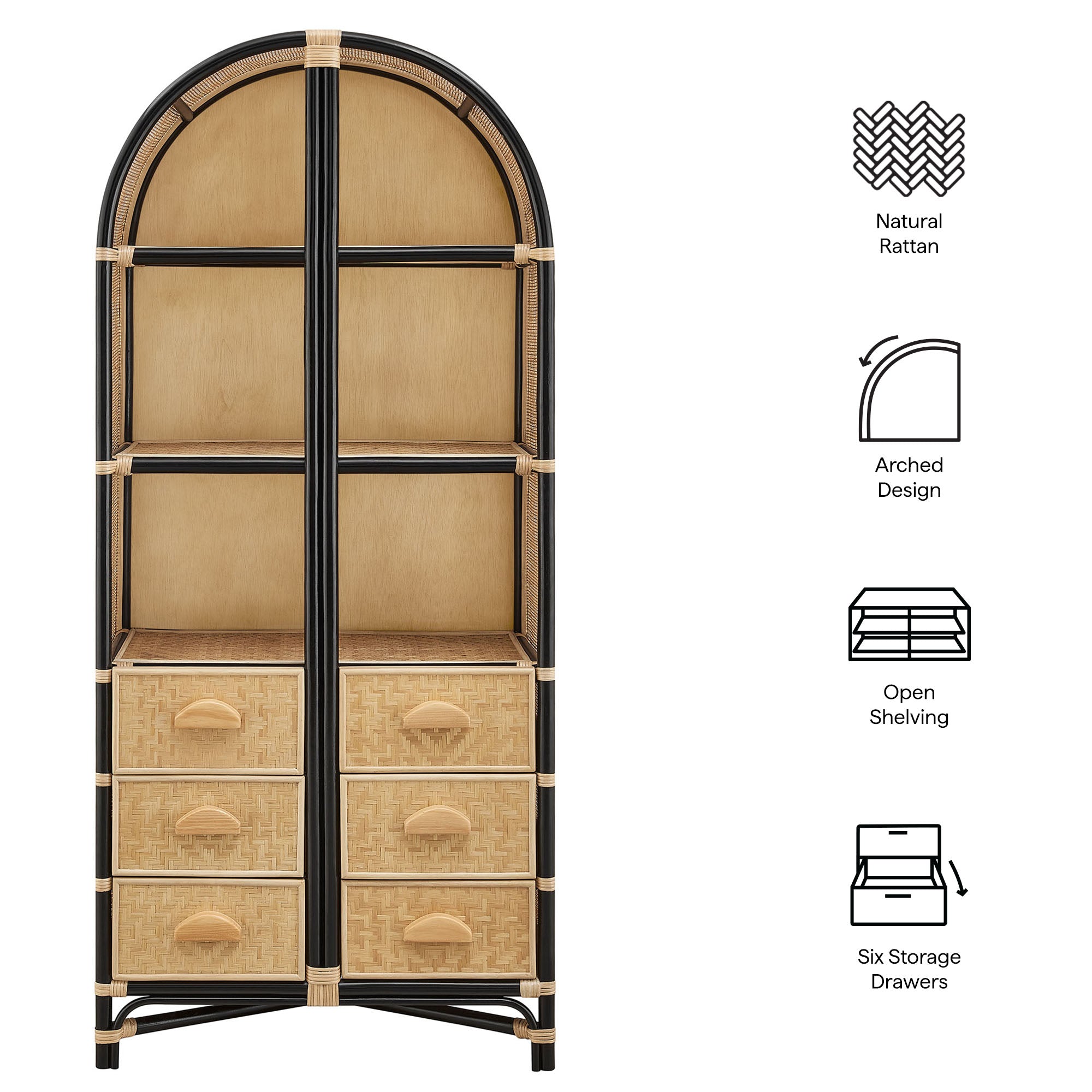 Jane 71 Inch Tall Arched Natural Rattan Bookshelf - Natural Black