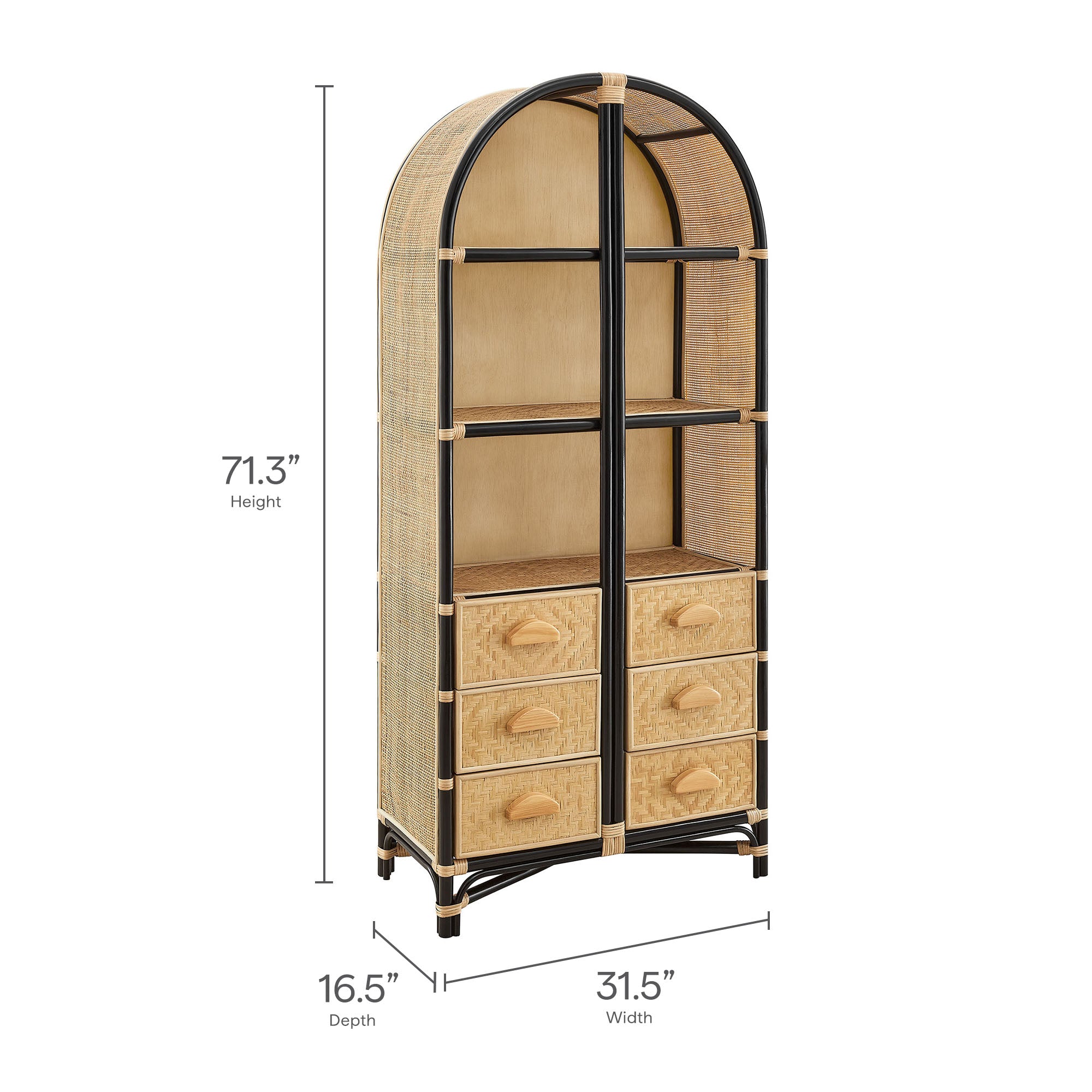 Jane 71 Inch Tall Arched Natural Rattan Bookshelf - Natural Black