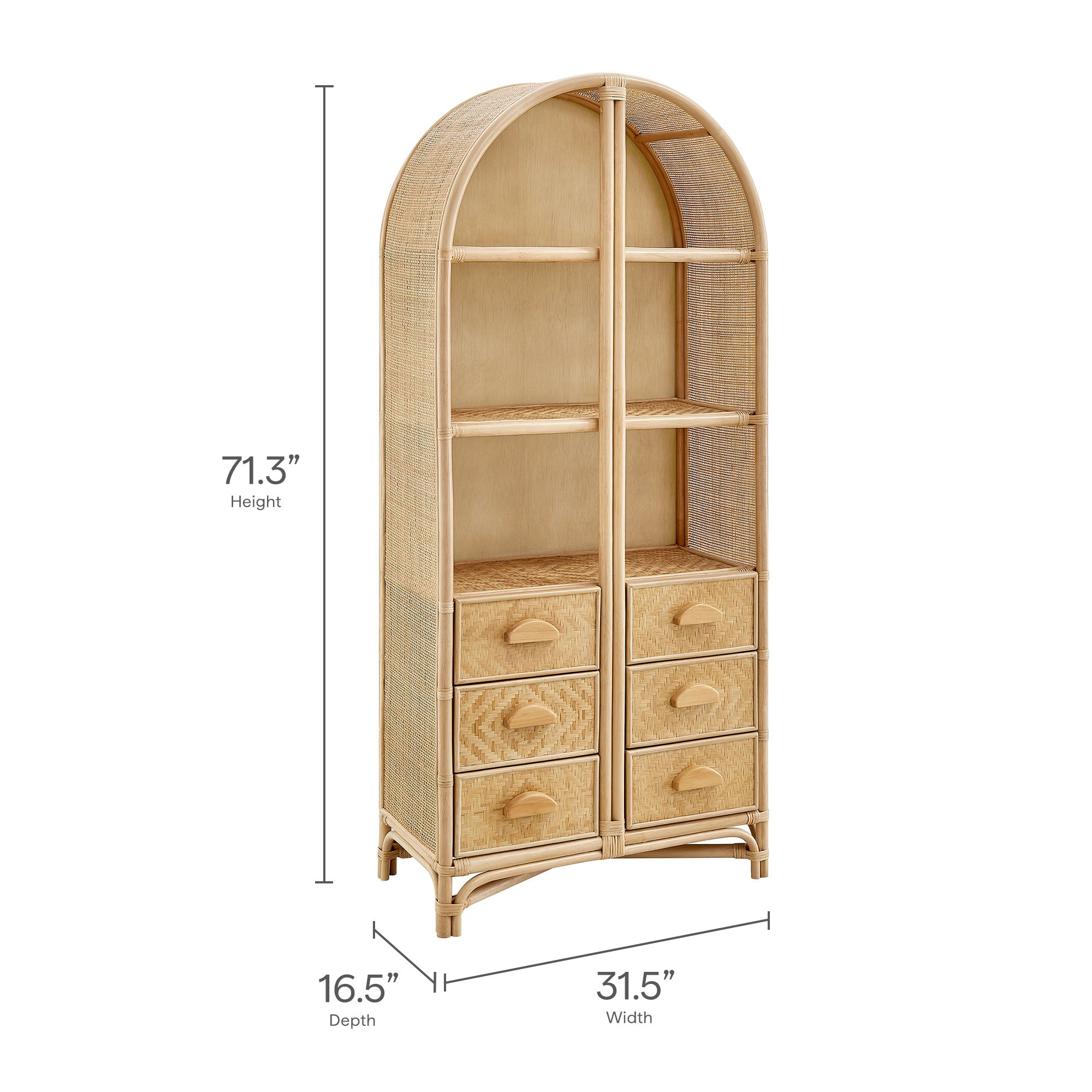 Jane 71 Inch Tall Arched Natural Rattan Bookshelf