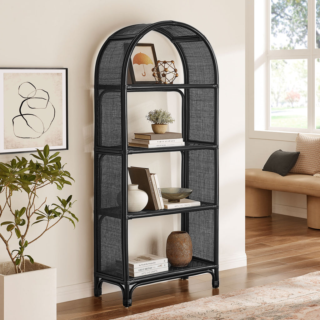 Celeste 67 Inch Tall Arched Natural Rattan Bookshelf - Black