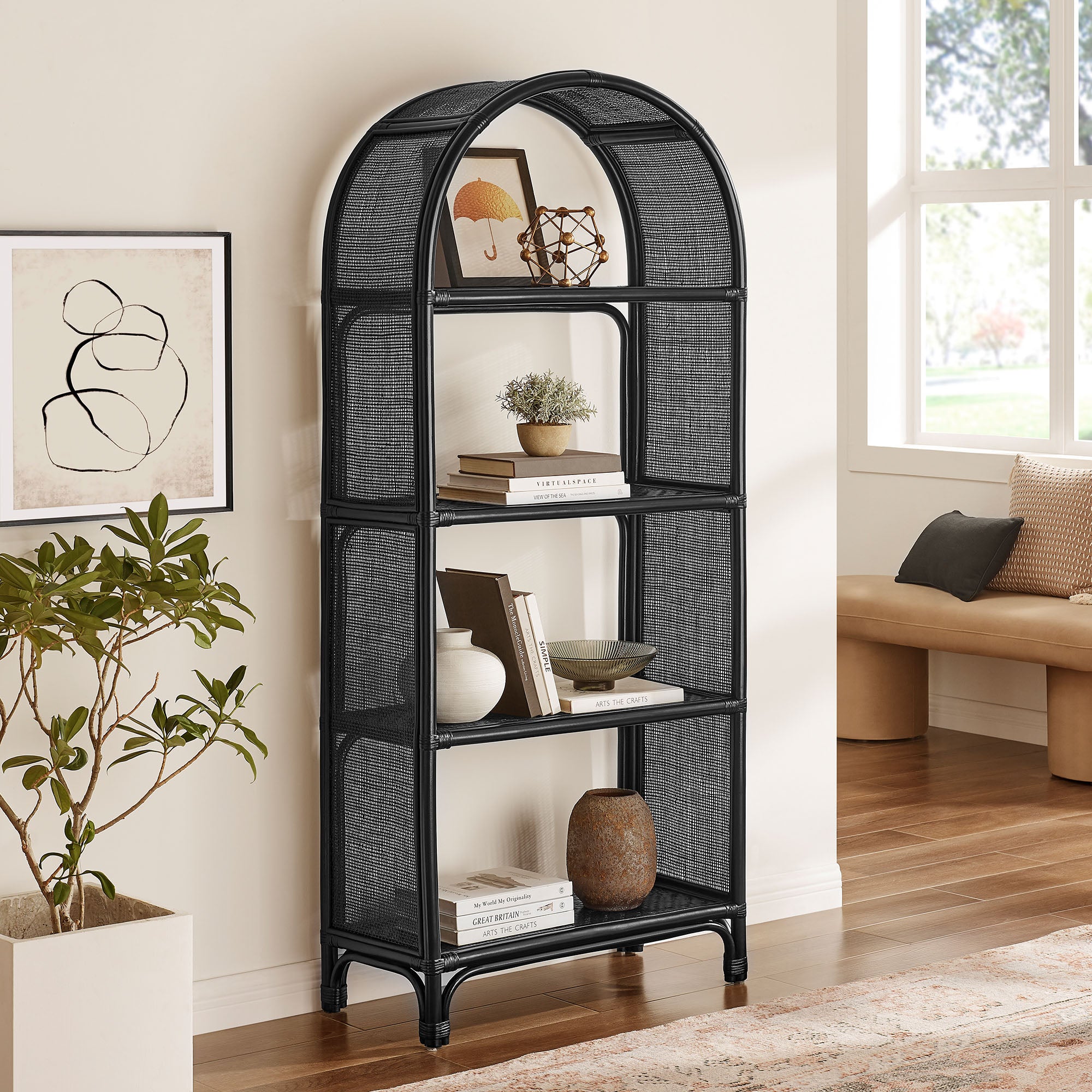 Celeste 67 Inch Tall Arched Natural Rattan Bookshelf - Black
