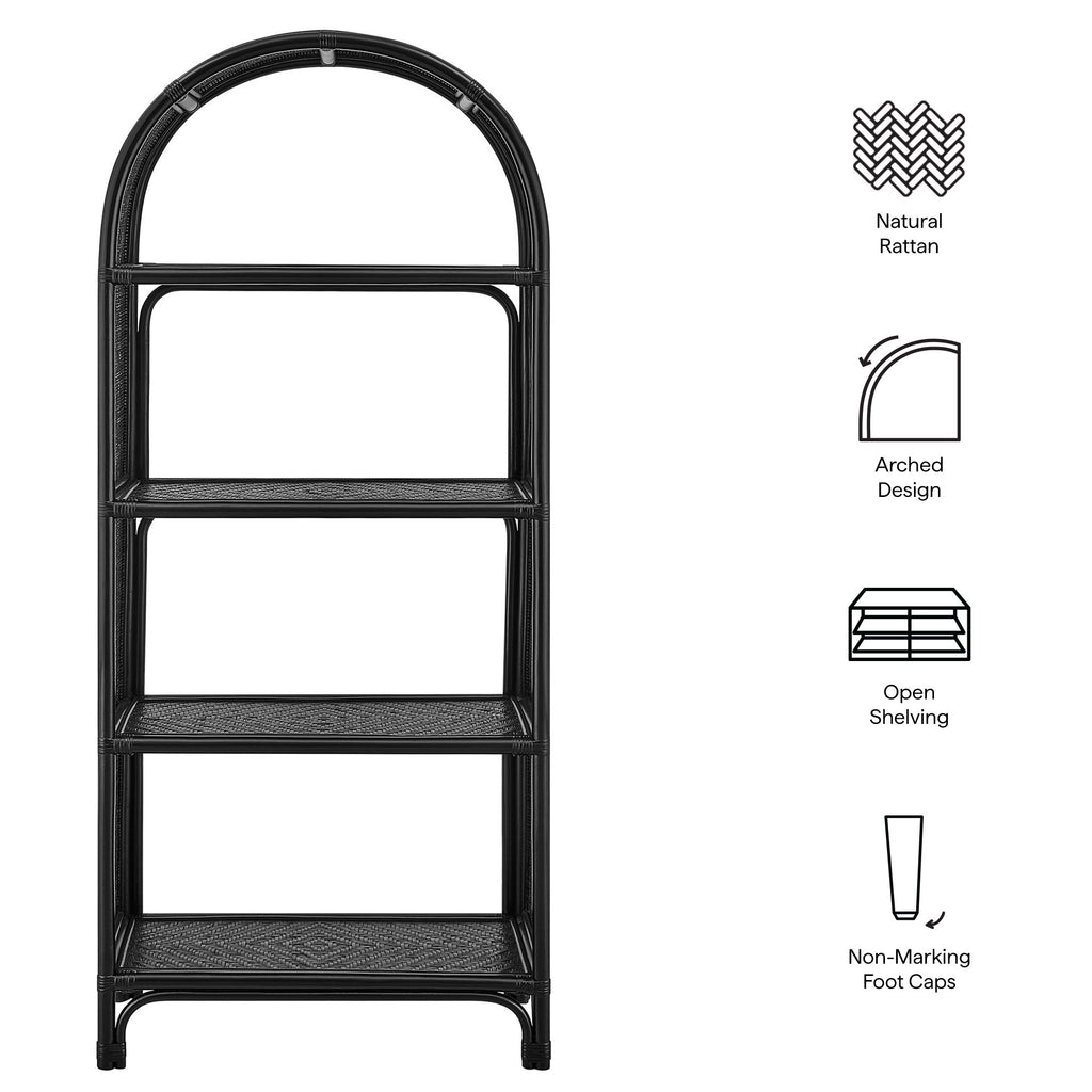 Celeste 67 Inch Tall Arched Natural Rattan Bookshelf - Black