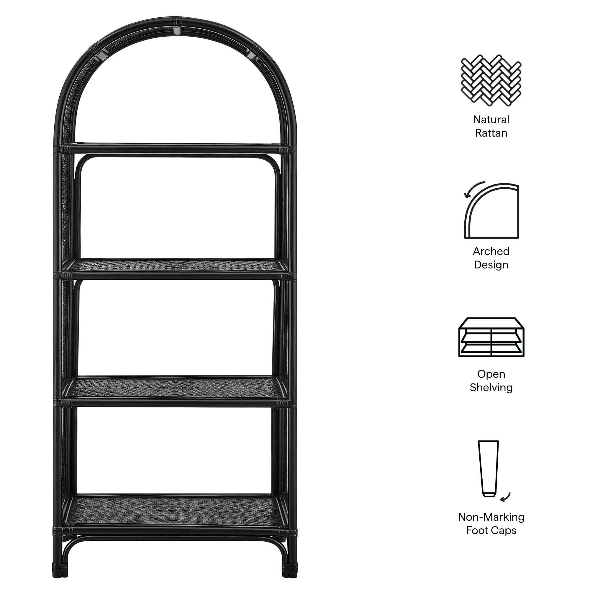 Celeste 67 Inch Tall Arched Natural Rattan Bookshelf - Black