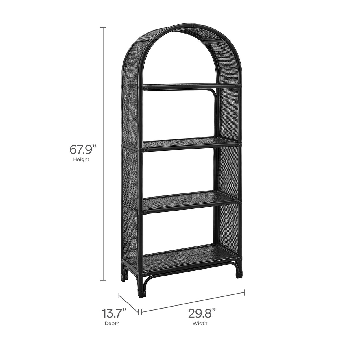 Celeste 67 Inch Tall Arched Natural Rattan Bookshelf - Black