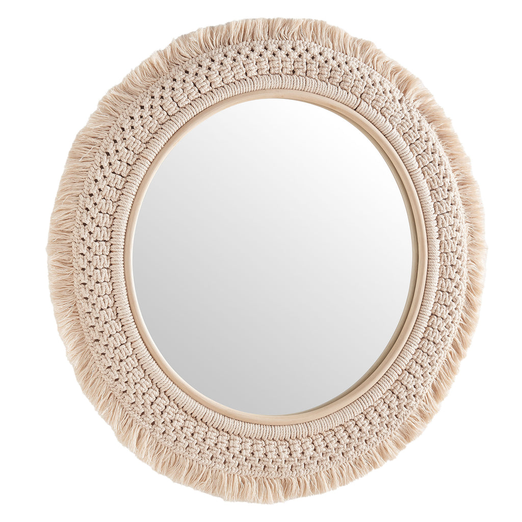 Jade Round Rattan Macrame Wall Mirror - Natural