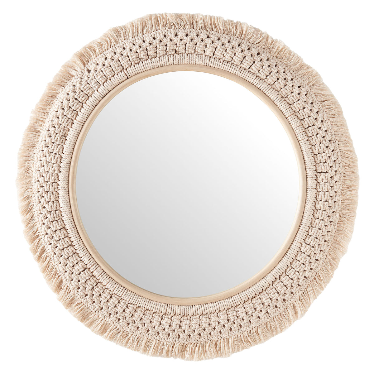 Jade Round Rattan Macrame Wall Mirror - Natural