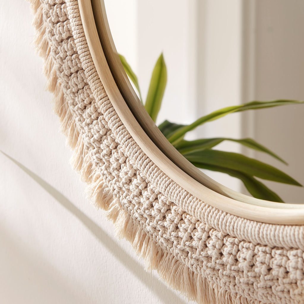 Jade Round Rattan Macrame Wall Mirror - Natural