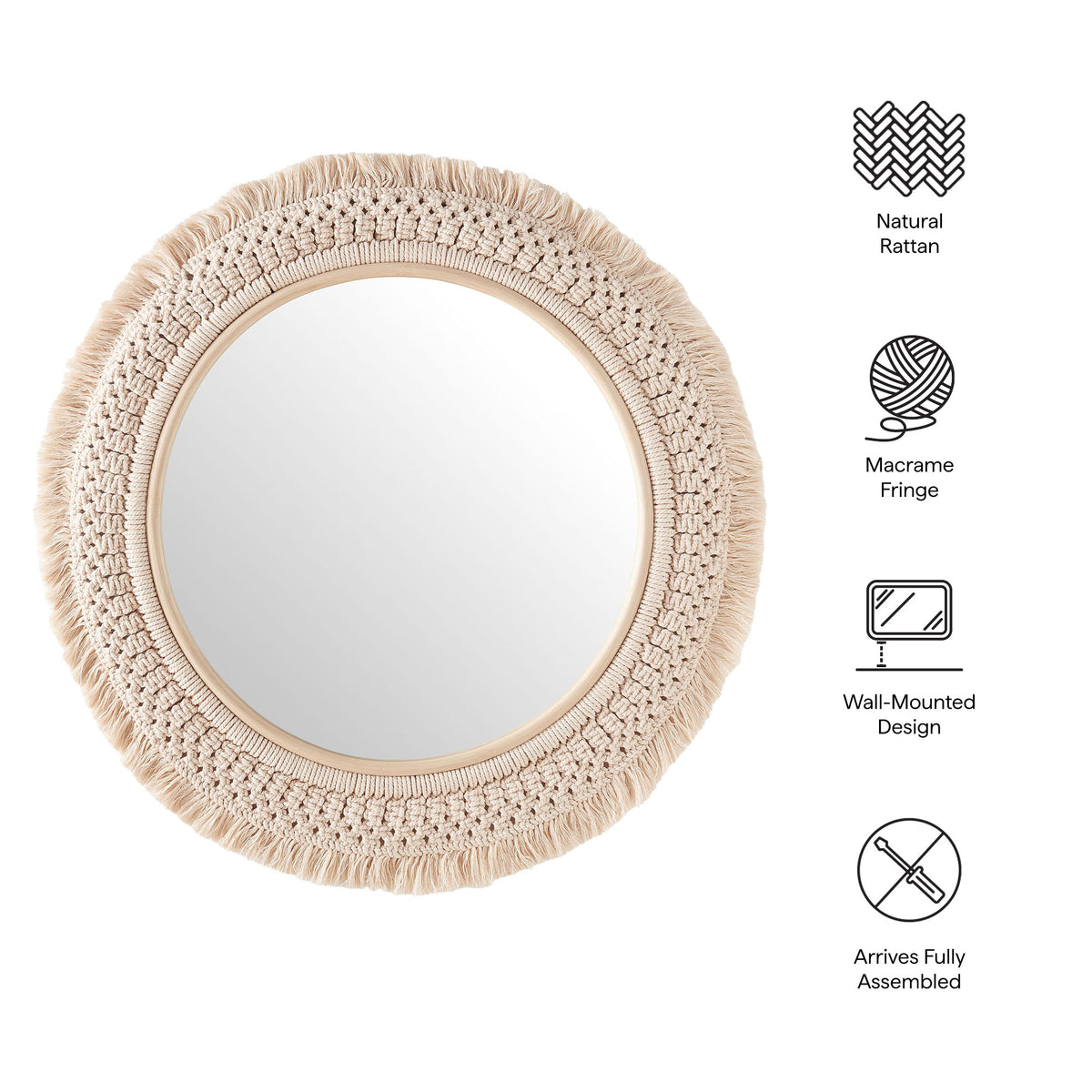 Jade Round Rattan Macrame Wall Mirror - Natural