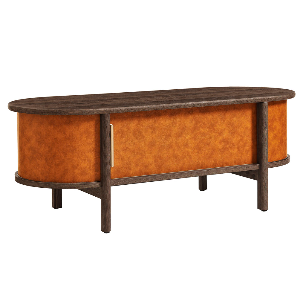 Coralie Curved Vegan Leather Oval Coffee Table - Walnut Tan