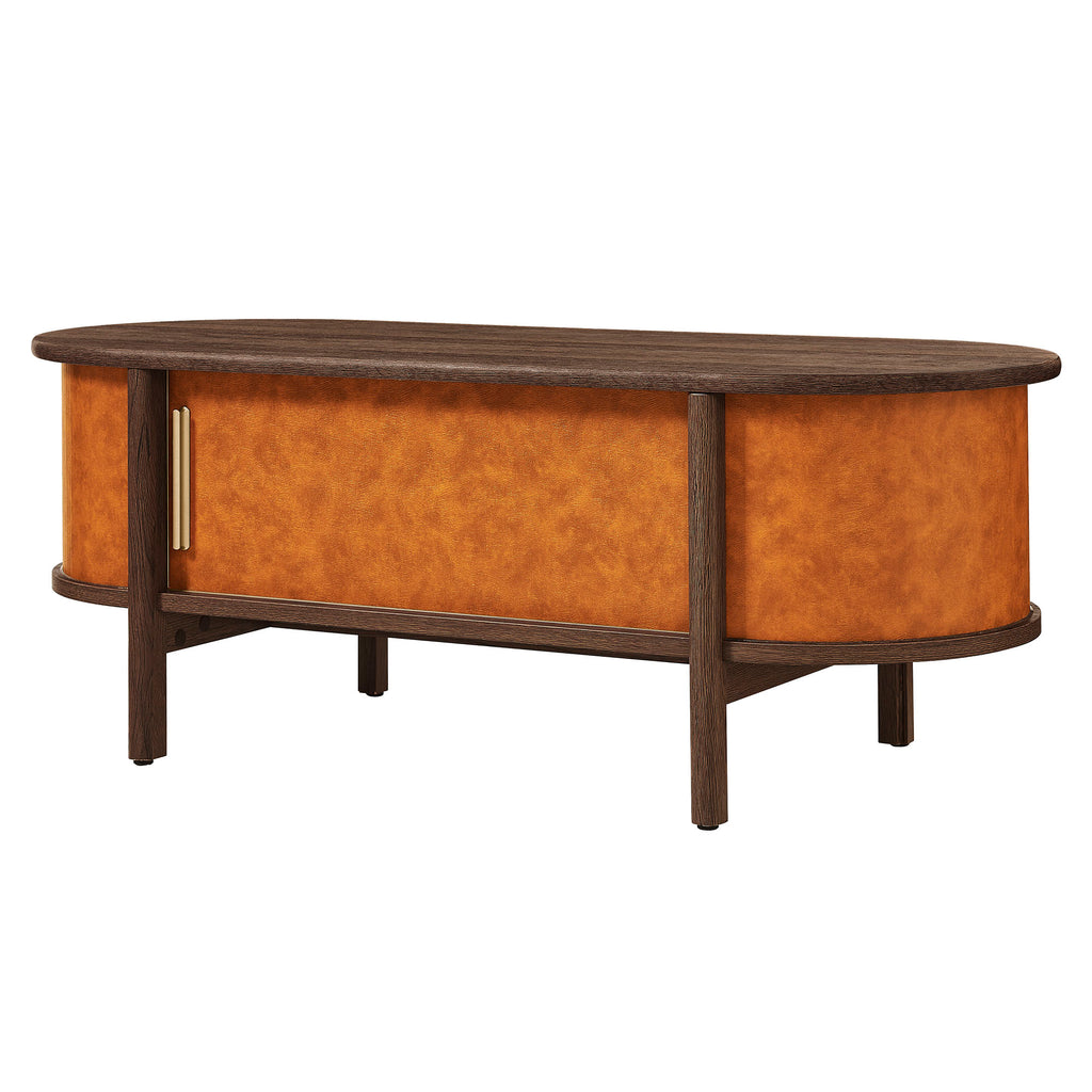Coralie Curved Vegan Leather Oval Coffee Table - Walnut Tan