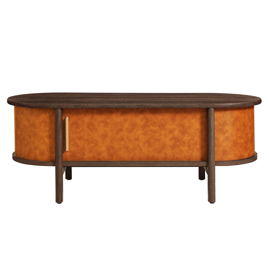 Coralie Curved Vegan Leather Oval Coffee Table - Walnut Tan