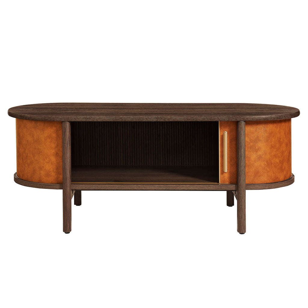 Coralie Curved Vegan Leather Oval Coffee Table - Walnut Tan