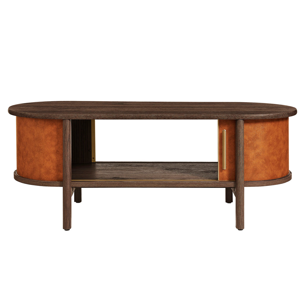 Coralie Curved Vegan Leather Oval Coffee Table - Walnut Tan