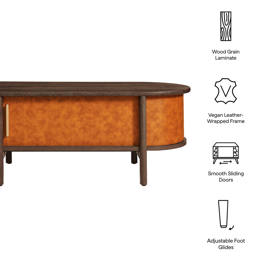 Coralie Curved Vegan Leather Oval Coffee Table - Walnut Tan