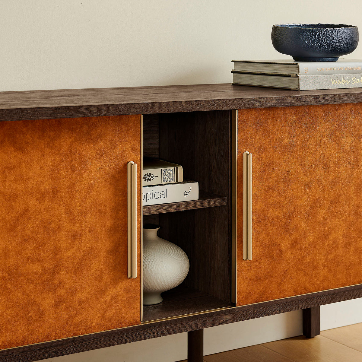 Coralie Curved 71" Vegan Leather Oval TV Stand - Walnut Tan