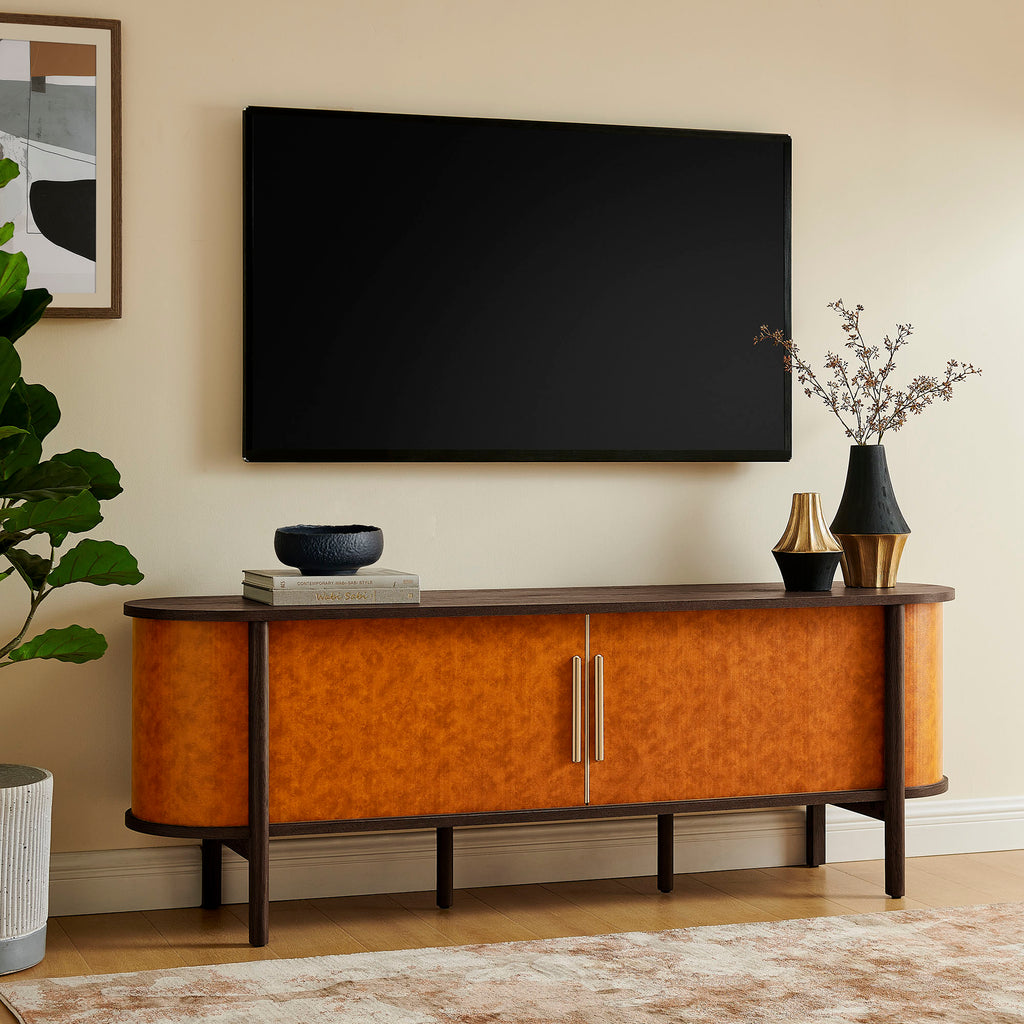 Coralie Curved 71" Vegan Leather Oval TV Stand - Walnut Tan