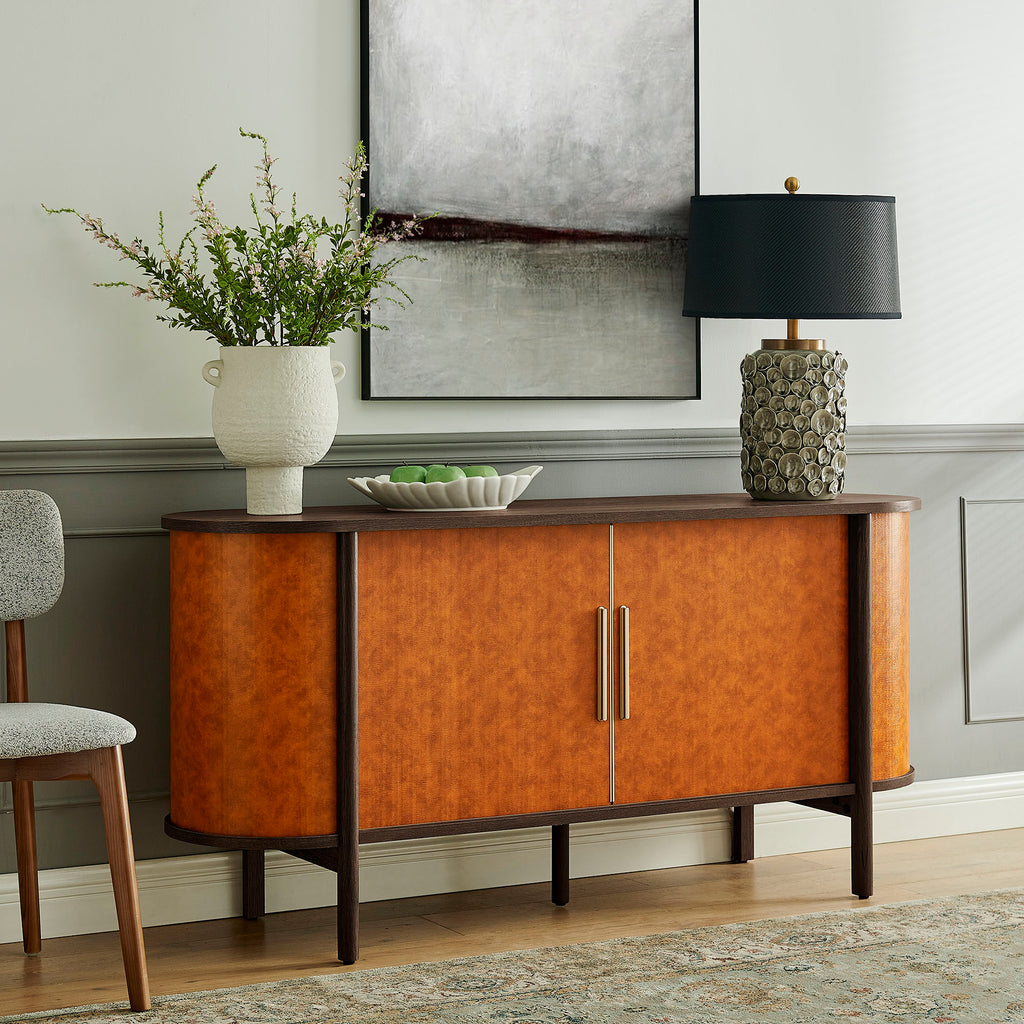 Coralie Curved Vegan Leather Oval Sideboard - Walnut Tan