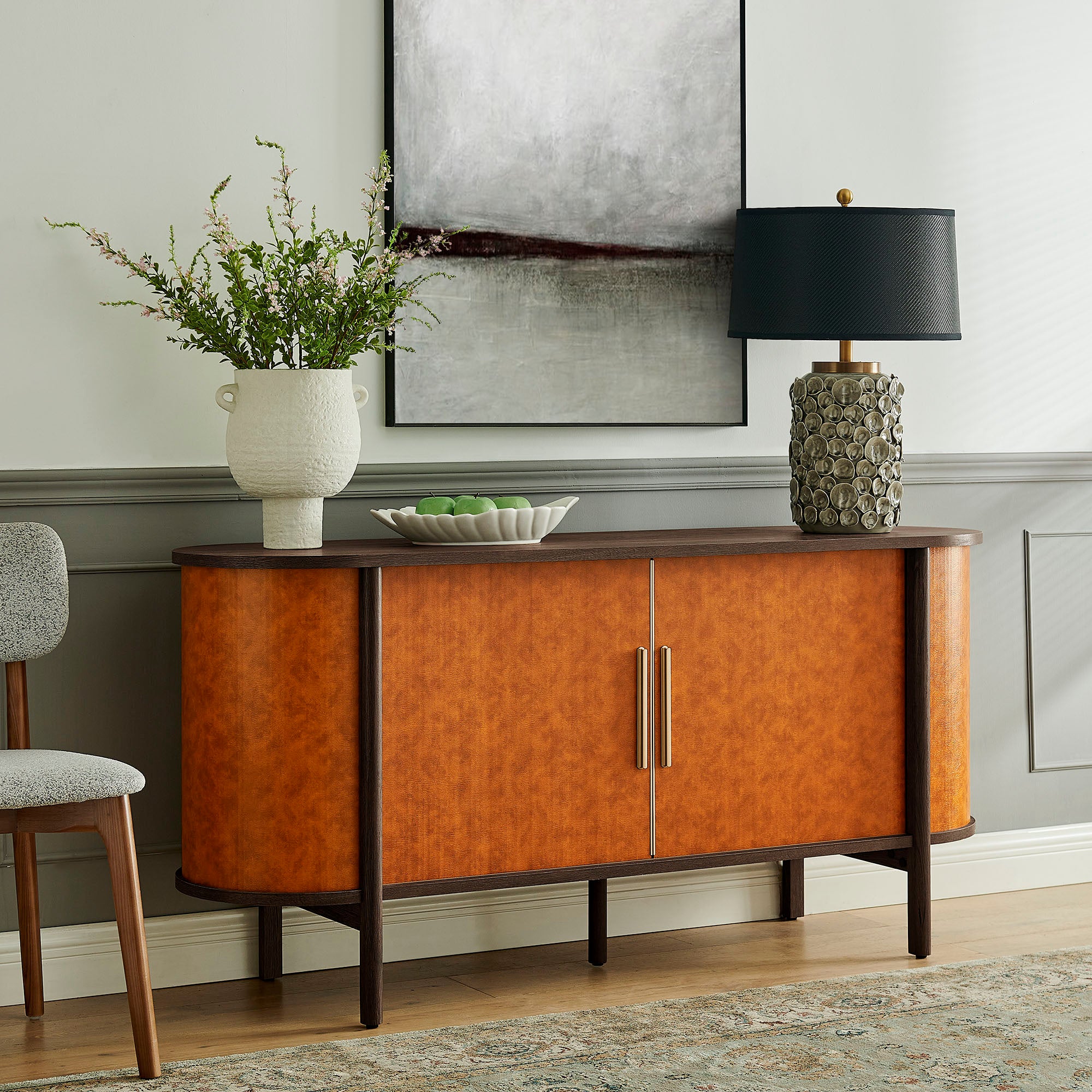 Coralie Curved Vegan Leather Oval Sideboard - Walnut Tan