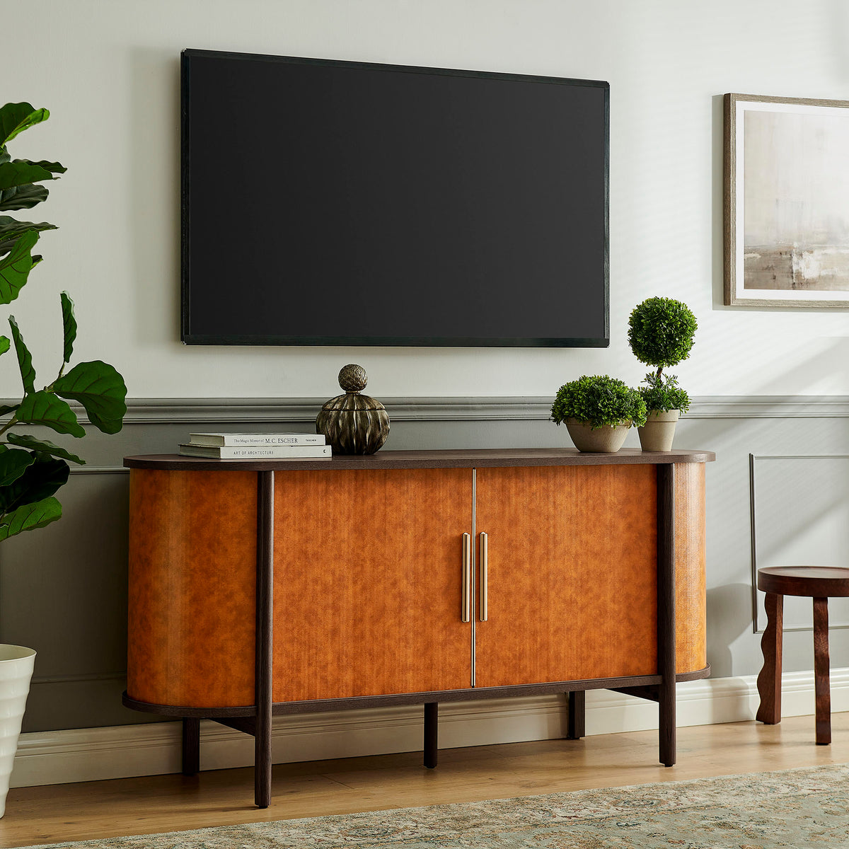 Coralie Curved Vegan Leather Oval Sideboard - Walnut Tan