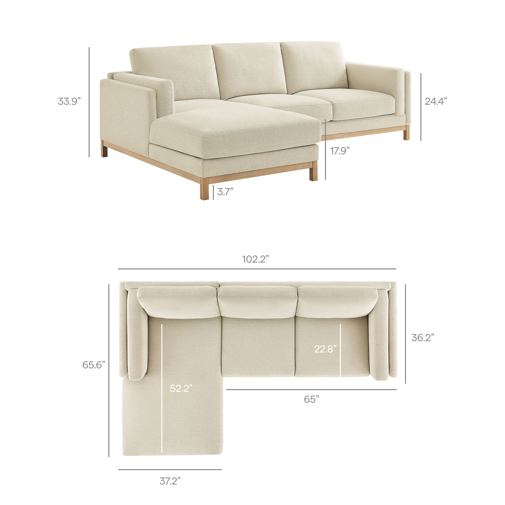 Roscoe Left-Facing Fabric Sectional Sofa with Chaise - Ivory
