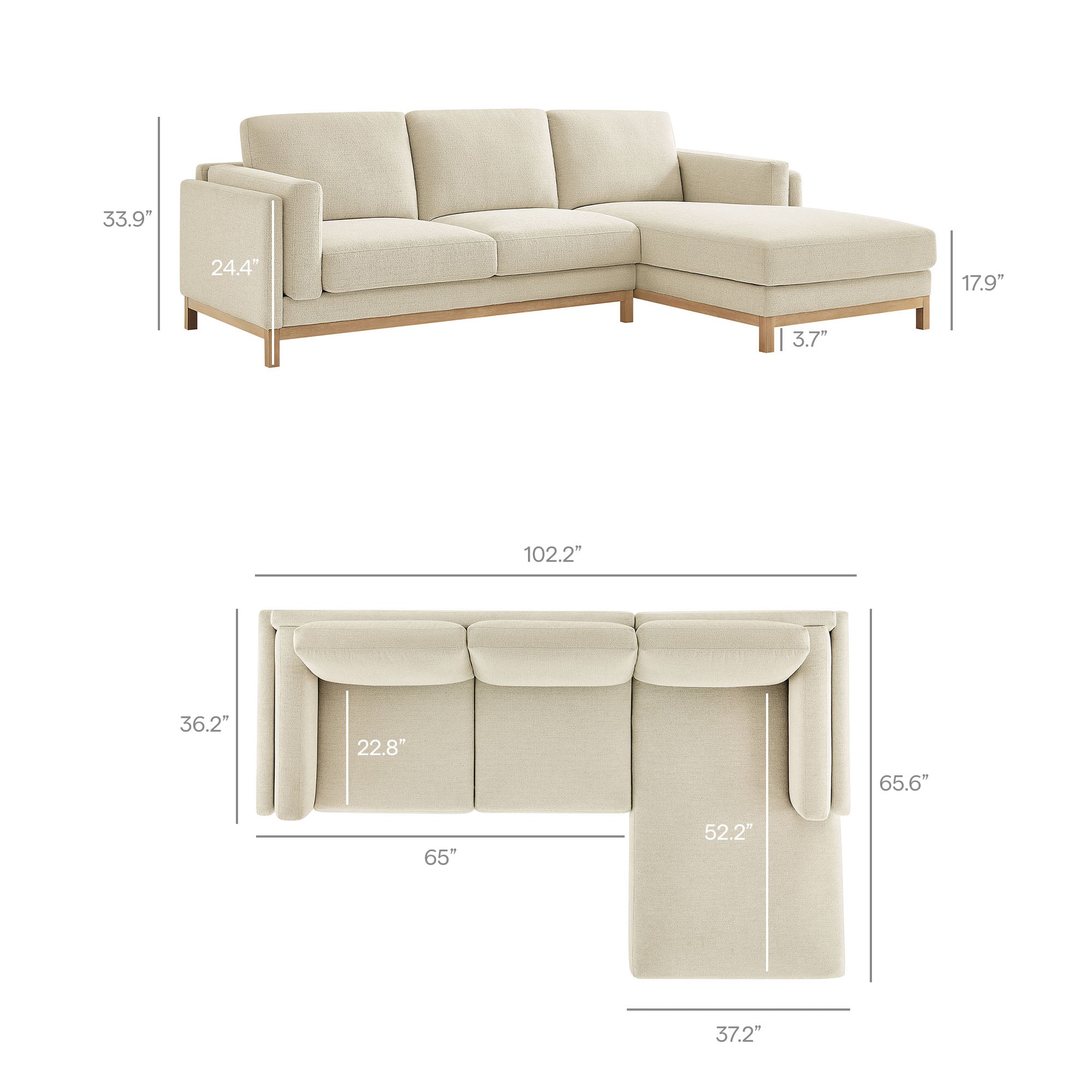 Roscoe Right-Facing Fabric Sectional Sofa with Chaise - Ivory
