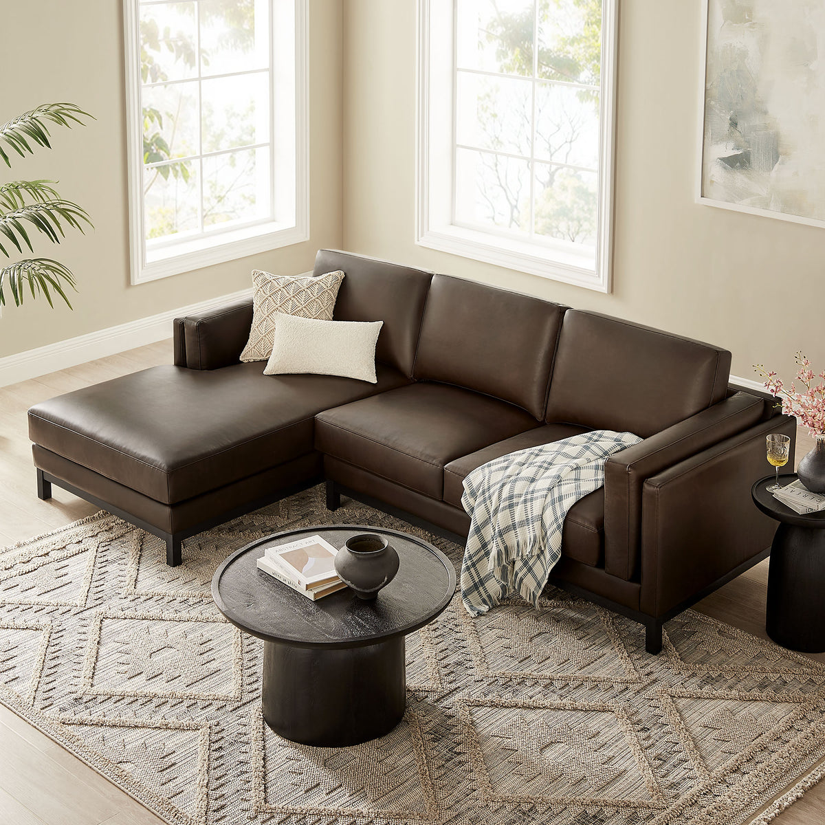 Roscoe Left-Facing Vegan Leather Sectional Sofa with Chaise - Espresso