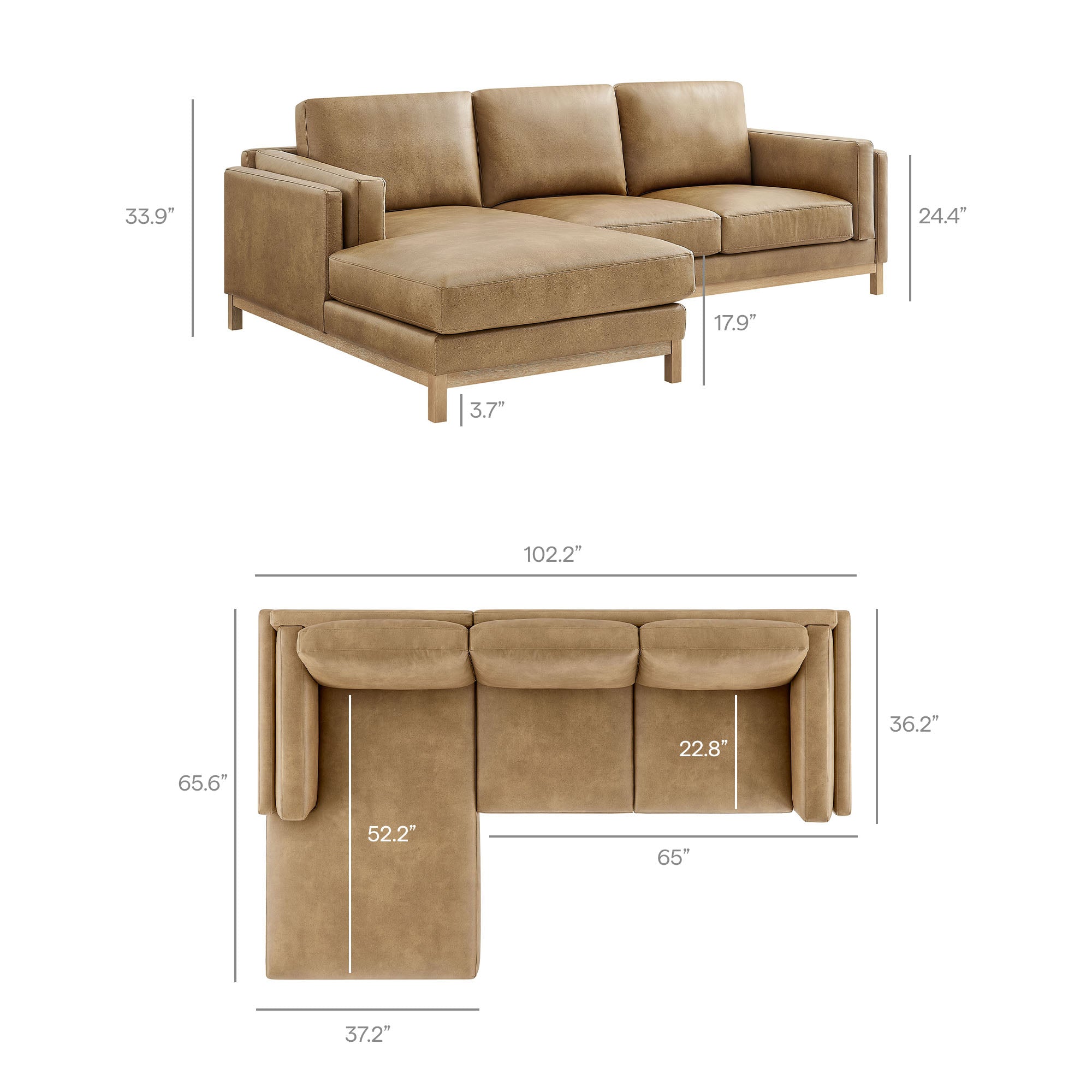 Roscoe Left-Facing Vegan Leather Sectional Sofa with Chaise - Toast