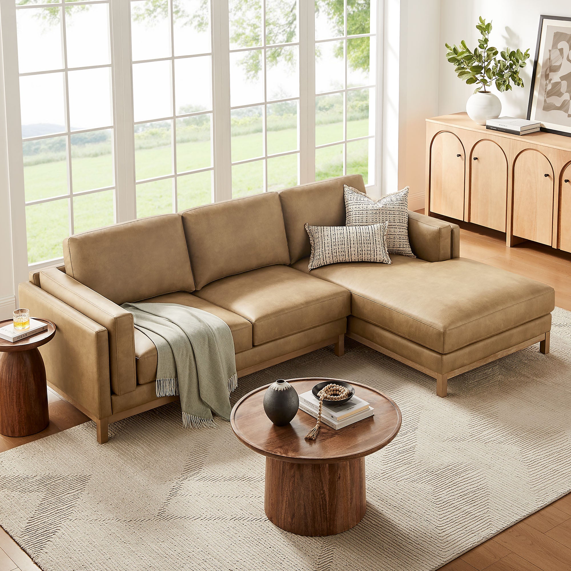 Roscoe Right-Facing Vegan Leather Sectional Sofa with Chaise - Toast