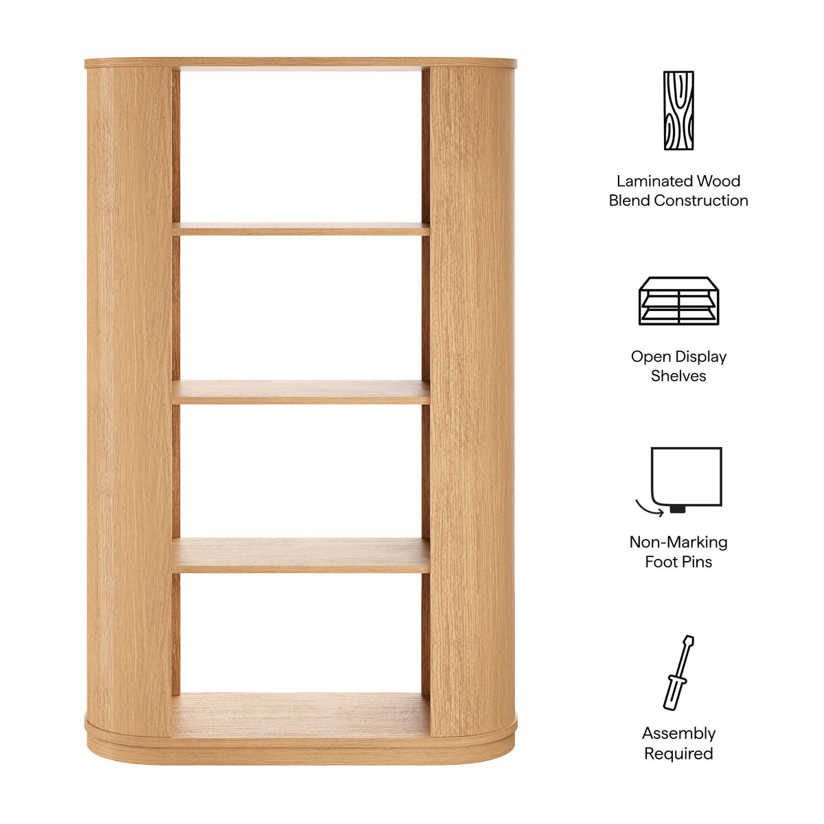 Aspect 74 Inch Curved 4 Tier Bookshelf - Natural