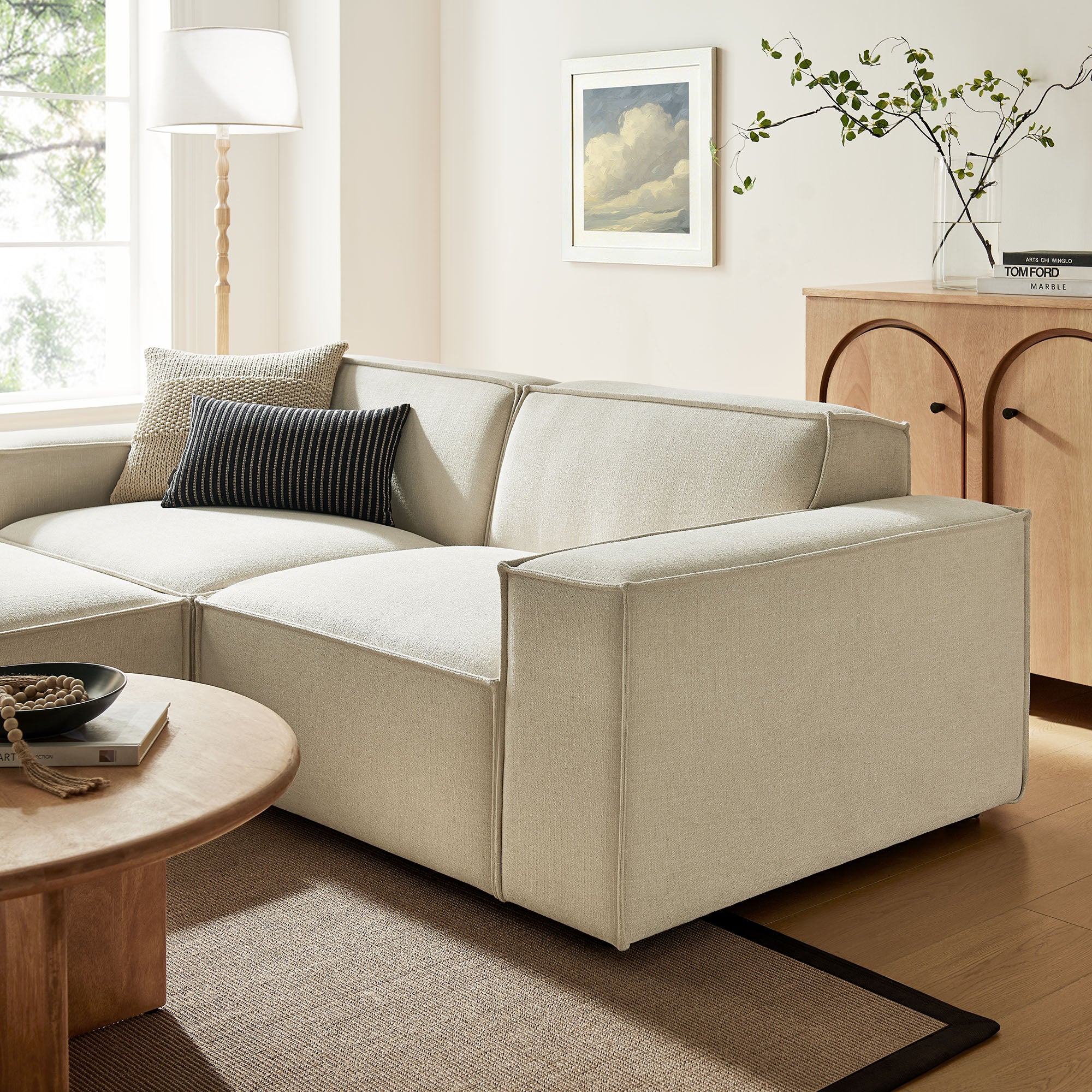 Restore 3-Piece Performance Fabric Upholstered Modular Loveseat with Ottoman - Ecru