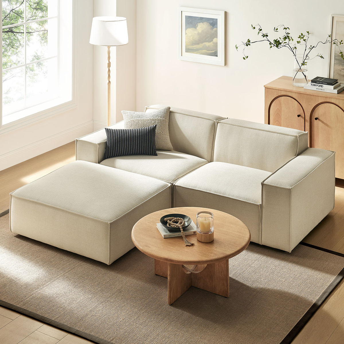 Restore 3-Piece Performance Fabric Upholstered Modular Loveseat with Ottoman - Ecru