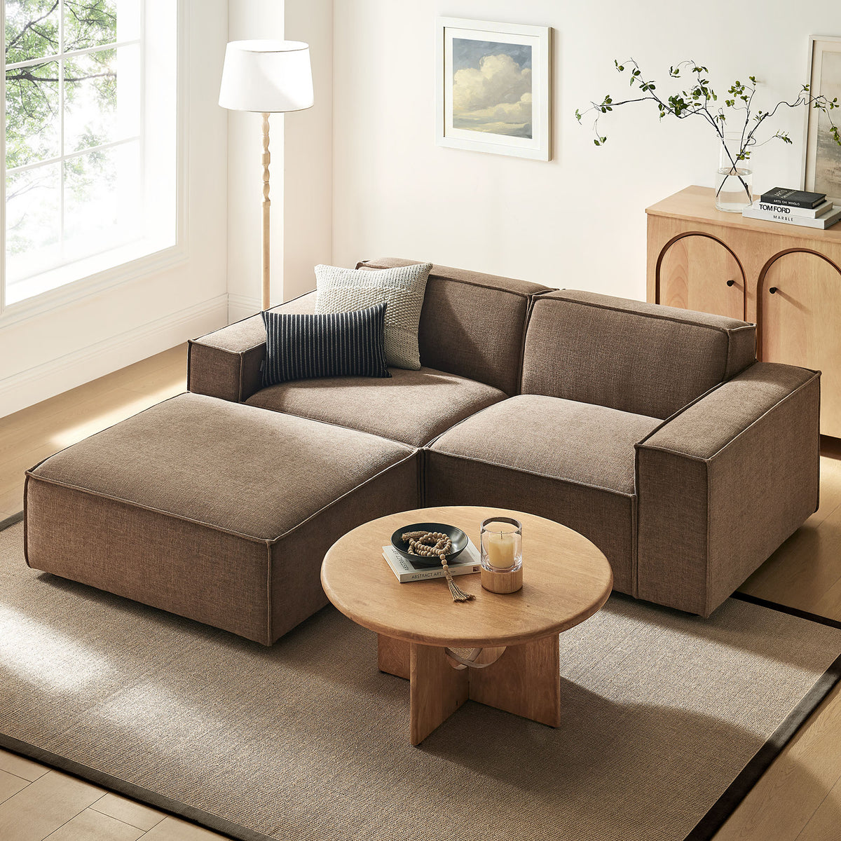 Restore 3-Piece Performance Fabric Upholstered Modular Loveseat with Ottoman - Mocha