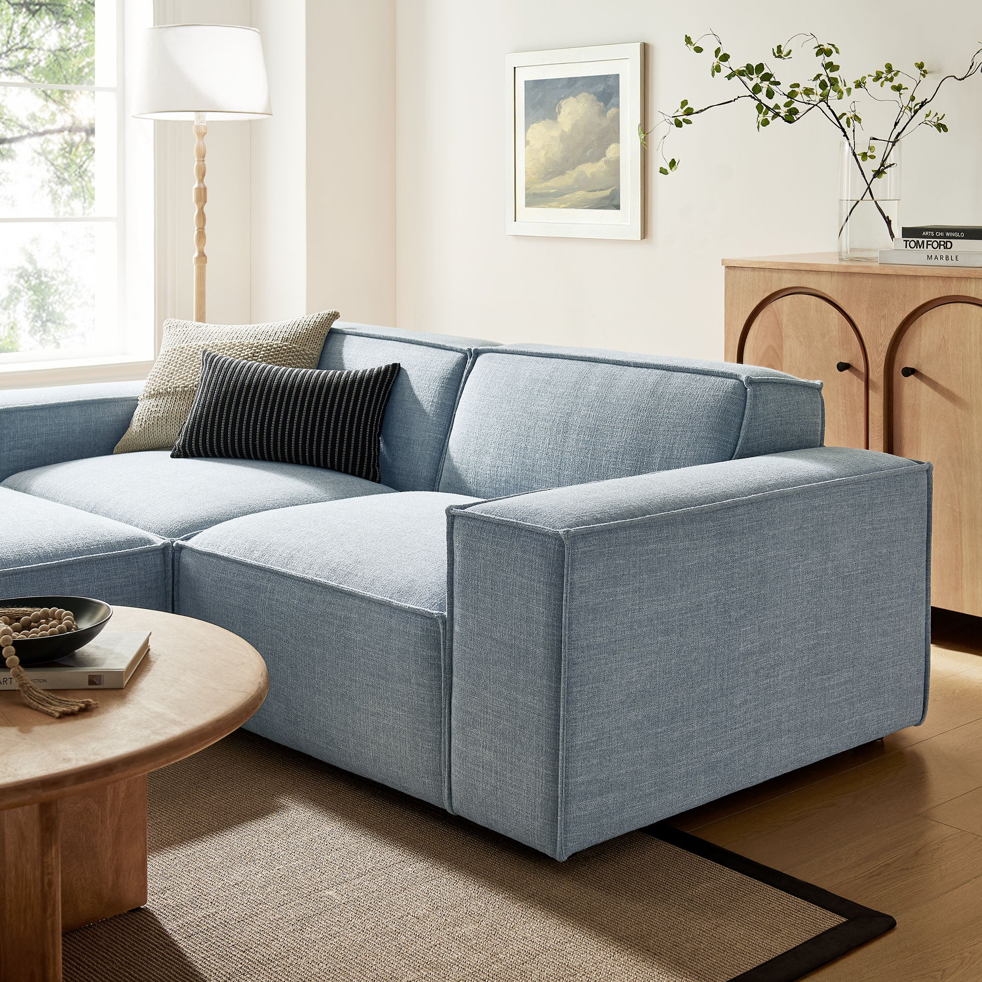 Restore 3-Piece Performance Fabric Upholstered Modular Loveseat with Ottoman - Sky