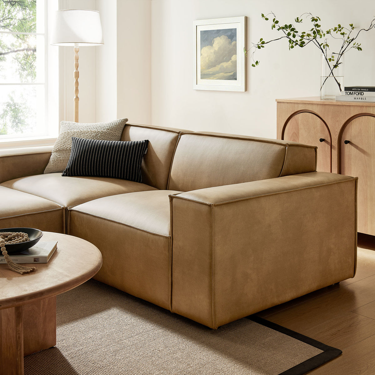 Restore 3-Piece Vegan Leather Modular Loveseat with Ottoman - Toast