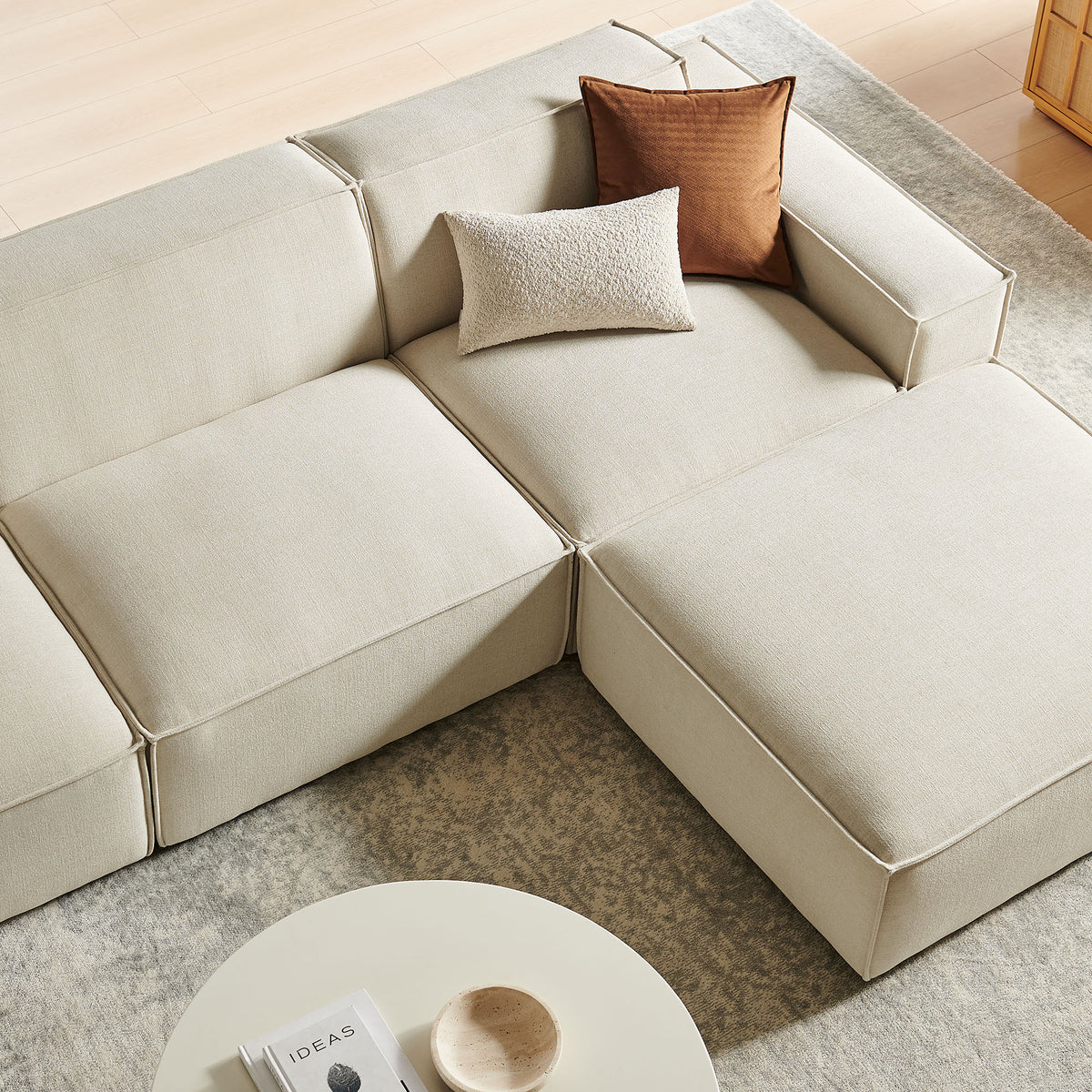 Restore 4-Piece Performance Fabric Upholstered Modular Sofa Set with Ottoman - Ecru