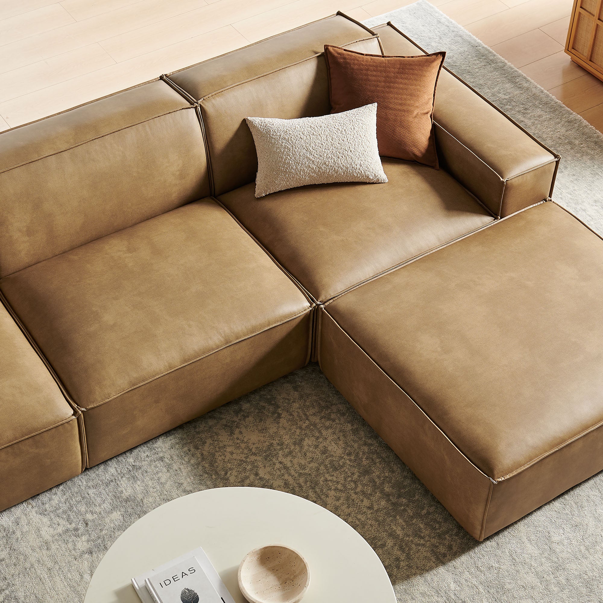 Restore 4-Piece Vegan Leather Modular Sofa Set with Ottoman - Toast