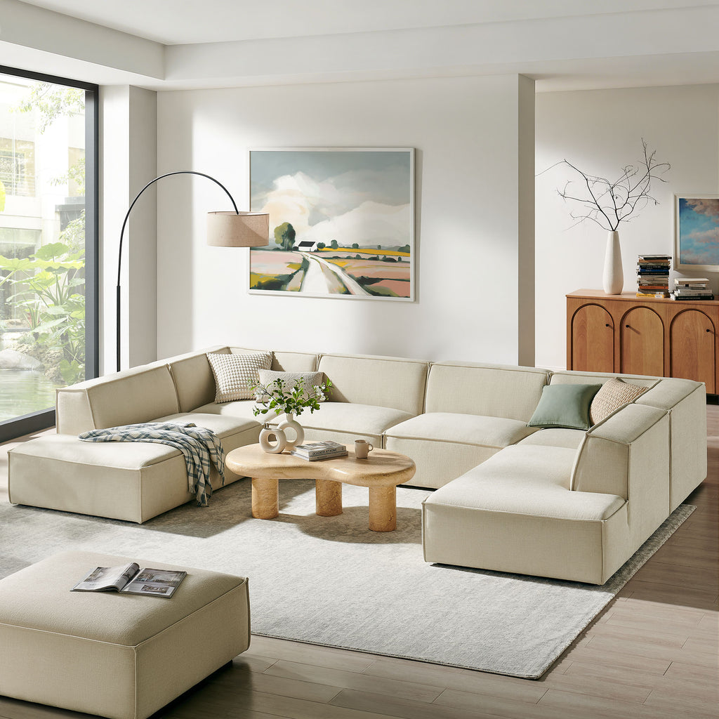 Restore 6-Piece Performance Fabric Upholstered U-Shaped Sectional Sofa - Ecru