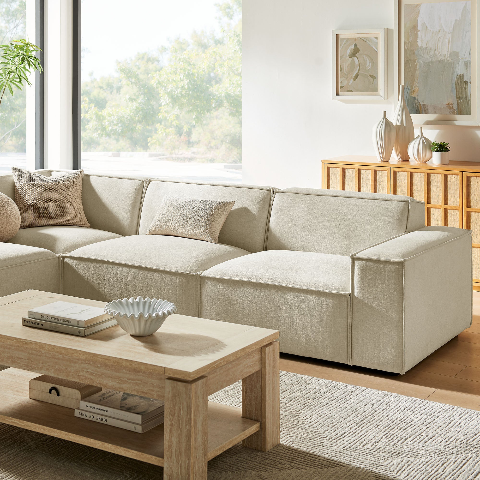 Restore 4-Piece Performance Fabric Upholstered Modular L-Shaped Sofa - Ecru (Chair, Chaise, Chair, Corner Chair)