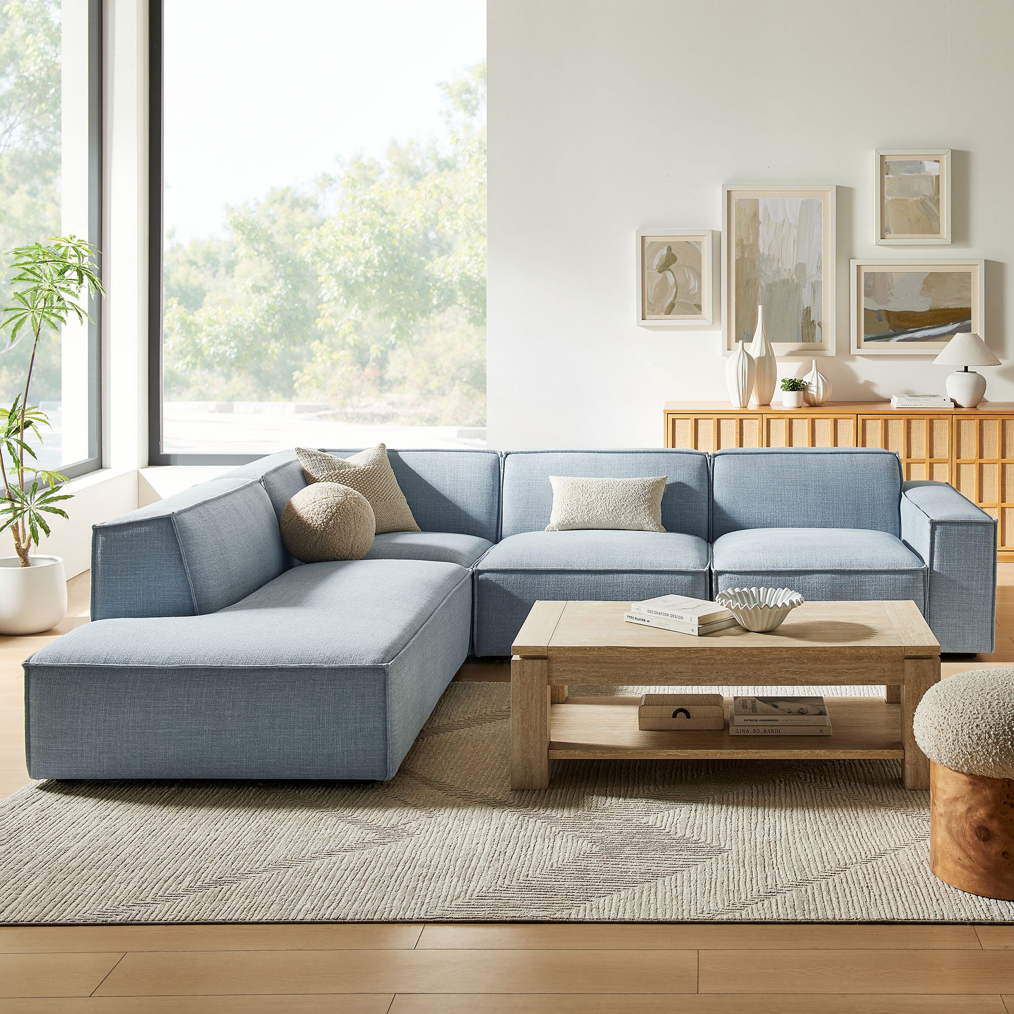Restore 4-Piece Performance Fabric Upholstered Modular L-Shaped Sofa - Sky (Chair, Chaise, Chair, Corner Chair)
