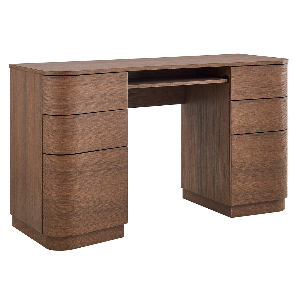 Mirae 55" 6-Drawer Curved Office Desk - Brushed Brown Oak