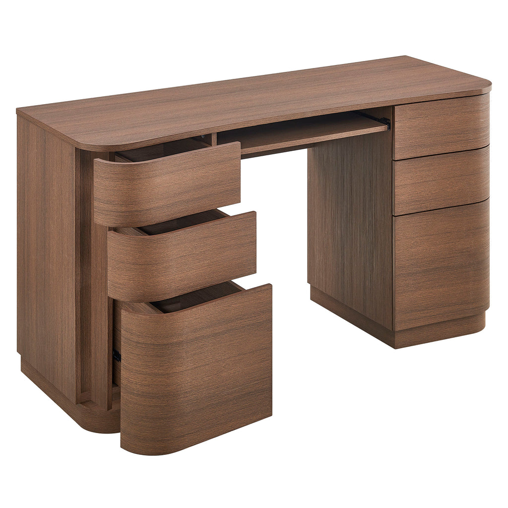 Mirae 55" 6-Drawer Curved Office Desk - Brushed Brown Oak